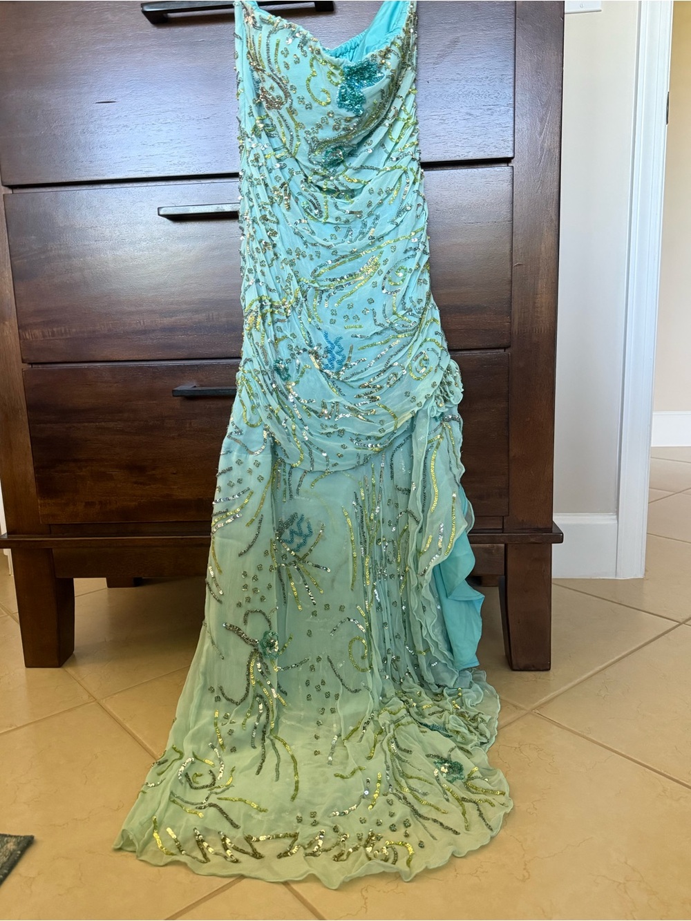Sean Couture Vintage Light Aqua Beaded Evening Gown